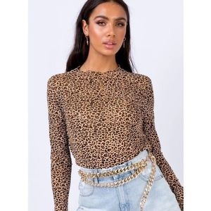 Princess Polly Ester Leopard Print Lettuce Hem Mesh Long Sleeve Top